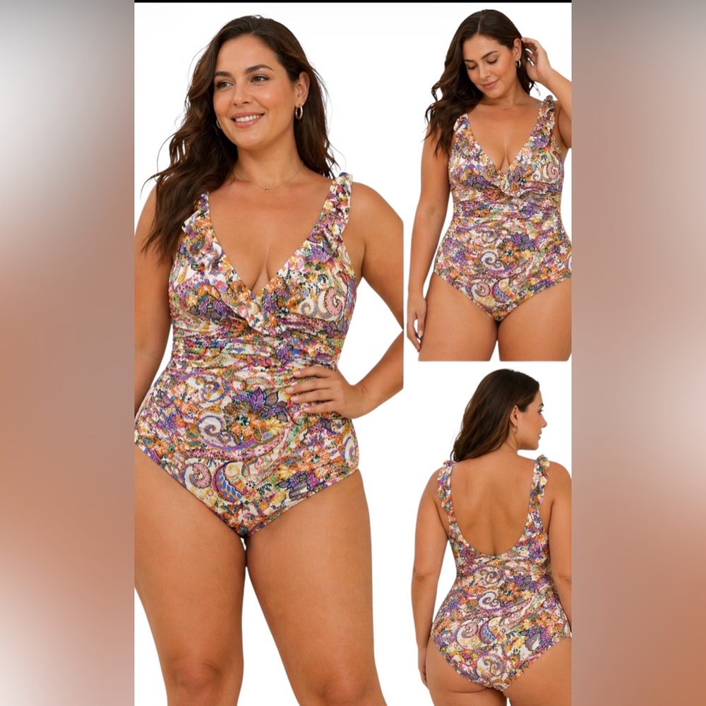 RALPH LAUREN ONE PIECE SWIMSUIT SIZE 16 PAISLEY FLORAL RUFFLE STRAP V-NECK